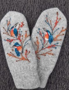 two mittens with colorful birds on them