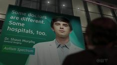 a man standing in front of a green sign that says some doctors are different some hospitals, too