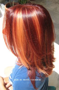 Cherry Red And Ginger Hair, Red Highlights On Ginger Hair, Blonde And Red Chunky Highlights, Red With Orange Highlights, Orangish Red Hair, Red Hair Chunky Highlights, Red Hair With Orange Highlights, Orange Hair Highlights, Red And Orange Hair Color