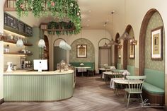 the interior of a restaurant with tables and chairs, potted plants hanging from the ceiling