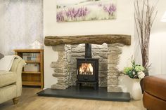 a wood burning stove in a living room