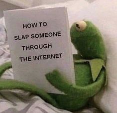 the kermie frog is reading a sign that says how to slap someone through the internet