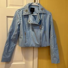 Nwt Forever 21 Light Blue Pleather Studded Moto Jacket With Zipper Closure And Pockets. Size Medium. Lined. Trendy Blue Outerwear Forever 21, Long Sleeve Denim Outerwear By Forever 21, Blue Biker Jacket With Zipper Closure, Forever 21 Long Sleeve Denim Jacket, Forever 21 Blue Denim Jacket, Pleather Jacket, Jacket With Zipper, Forever 21 Jacket, Denim Skirt Women