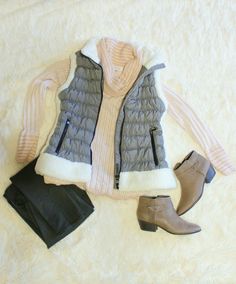 Quilted Vest With Faux Fur Trim/Winter Outfit/Olive Green/Dressed In Faith #fashion #style # #winterfashion #casualoutfits Flat Lay Photos, Women Vest, Trim Styles, Olive Green Dresses, Quilted Vest