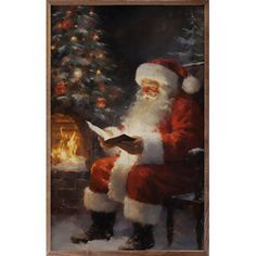 a painting of santa claus sitting in front of a fireplace reading a book with a lit christmas tree behind him