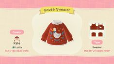 an animal crossing character is wearing a red sweater and white shirt, with the name goose sweater on it's chest