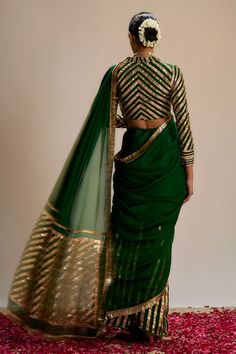 Dark green saree with striped pattern gota work and soft organza pallu. Comes with coordinating gota work blouse. - Aza Fashions Green Chanderi Blouse With Sheer Dupatta, Chanderi Green Blouse For Reception, Green Chanderi Blouse For Reception, Unstitched Green Blouse Piece For Reception, Green Cotton Silk Lehenga With Unstitched Blouse, Green Cotton Silk Blouse With Dupatta, Transitional Green Pre-draped Saree With Self Design, Green Zari Work Blouse For Eid, Green Blouse With Zari Work For Eid