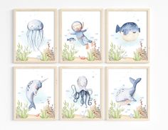 four framed pictures with sea animals and jellyfishs on the bottom one is blue