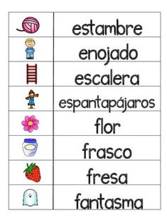 an image of spanish words with pictures on the front and back side, including two different colors