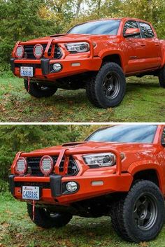 two pictures of the front and side view of a red toyota pickup truck parked on grass