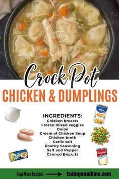 chicken and dumplings recipe with text overlay