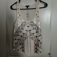 Express Cream Top W/ Colored Sequins In Sz. Small.. Nwt.. Never Been Worn.. Perfect For The Holidays.. White Casual Tank Top For Party, Casual White Tank Top For Party, Floral Ruffle Top, Long Tank Tops, Dressy Tank Tops, Cream Top, Cream Tops, Green Tank Top, Sequin Tank Tops