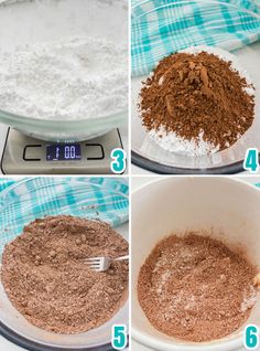 the steps to make chocolate cake mix in a bowl on top of an electronic scale