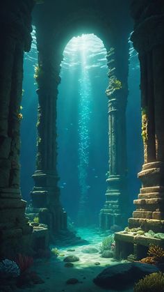 an underwater scene with columns and corals in the water, sunlight streaming through them