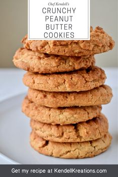 cookies stacked on top of each other with the words, crunchy peanut butter cookies