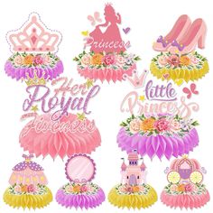 princess party decorations with pink and purple flowers, tiaras, dresses, shoes and more