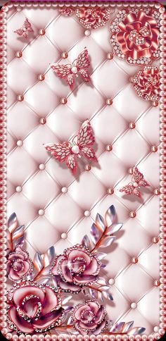 a pink background with some flowers and butterflies on the back of it's frame