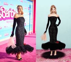 two photos of barbie dolls one in black and the other in pink, both wearing evening gowns