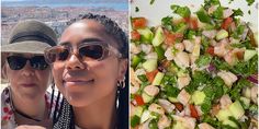 two women taking pictures next to a plate of food and the same woman in sunglasses