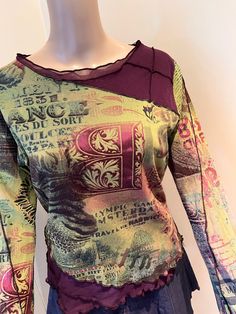 Amazing color print double mesh art t-shirt Very good condition Fits M/L international. Stretch Made in France For exact measurements send a message Whimsigoth Fits, Whimsical Clothes, Euro Fashion, High School Fashion, France Vintage, Fitted Shirt, Art T Shirt, Color Print, School Fashion