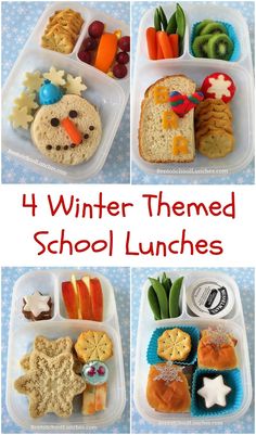 four different lunches with the words winter themed school lunches