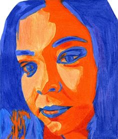 a drawing of a woman's face with blue eyes and orange hair is shown