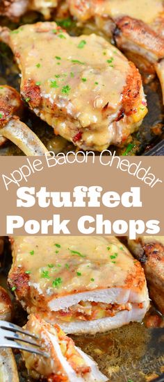 grilled pork chops with apple bacon gravy in a skillet