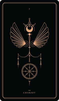 the chariot tarot card with wings and crescents on it, in gold foil