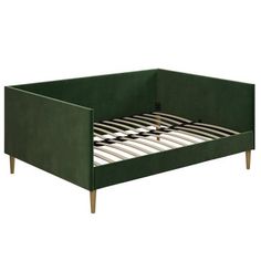 a green bed frame with wooden legs