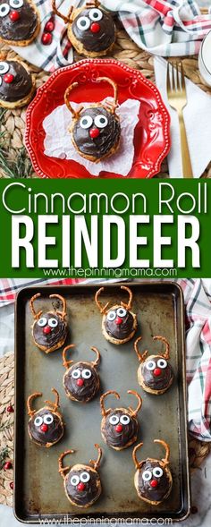 cinnamon roll reindeer cookies on a baking sheet with the words cinnamon roll reindeer over them