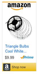 an amazon gift card with the words triangle bulbs, cool white $ 9 99 prime