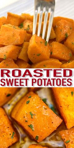 roasted sweet potatoes in a white bowl with a fork