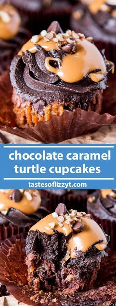 chocolate caramel turtle cupcakes with peanut butter frosting