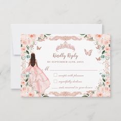 a pink and white wedding rsp card with an image of a woman in a princess dress