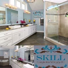 two pictures of a bathroom with blue walls and white cabinets, one has a walk in shower and the other has a sink