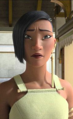 an animated woman with black hair wearing a green dress and gold earring necklaces