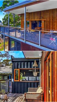 two pictures of the outside of a house with wooden walls and balconies on each side