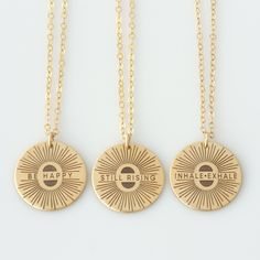 "Our large sunshine mantra necklace is sure to brighten your day! Choose from the mantras provided or personalize with a name, date, saying of your choice. They are great for layering, a wonderful minimalist piece, perfect gift for your wife, girlfriend or simply to treat yourself! Engraved and hand assembled with care and love, it comes in 14k gold fill, rose gold fill, or sterling silver. HOW - TO - ORDER 1. Select your options from the drop down menu 2. Chain length options are 16\", 18\", 20 Everyday Personalized Bohemian Necklaces, Bohemian Personalized Necklaces For Everyday, Everyday Bohemian Personalized Necklaces, Gold Sun Necklace, Mantra Necklace, Happy Sunshine, Sunshine Necklace, Sun Necklace, Inhale Exhale