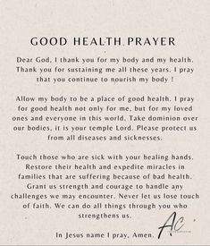 a prayer card with the words god health prayer