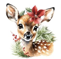 a watercolor painting of a deer with a flower in its antlers'head