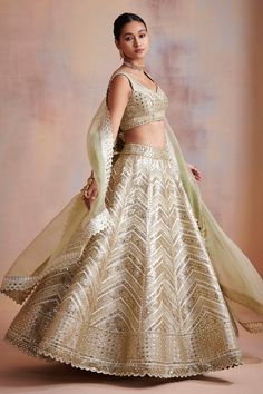 Ivory tissue lehenga in embroidered resham and mirror work. Paired with embroidered choli and organza dupatta.
Components:3
Pattern:Embroidered
Type of Work:Resham work, Mirror work
Neckline:Leaf neck
Sleeve Length:Sleeveless
Fabric:Tissue, Organza
Color:White
Other Details:
Tie up choli back
Cutwork dupatta hem
Occasion:Wedding,Reception - Aza Fashions Kurta Lehenga, Gold Lehenga, Mirror Work Lehenga, Resham Work, Classic Blouses, Indian Fashion Designers, Zig Zag Pattern, Mirror Work, Bridal Lehenga