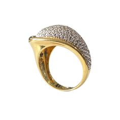 Elegant diamond Dome Ring, 18 karat two tone gold mounting overall 13.5 by 26 mm with 10 to 4.5 mm white pave top set with 22 single cut 01/2 point diamonds mixed into beaded design with 4.0 mm shanking finger size 7.75 ,gold weight 6.2 dwt /9.64 grams. Elegant Diamond White Rings With Rhinestones, Elegant Diamond Rings With Rhinestones, Formal White Gold Rings With Rhinestones, Diamond White Diamond Ring With Rhinestones, Formal Diamond White Ring With Rhinestones, Classic Formal Rings With Rhinestones, Classic Rhinestone Rings For Formal Occasions, Classic Formal Rhinestone Rings, Luxury Diamond Rings With Rhinestones