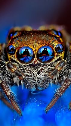 a close up view of a jumping spider with blue eyes and long legs, on a blue background