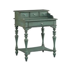 an old green desk with drawers on it's legs and one drawer at the top