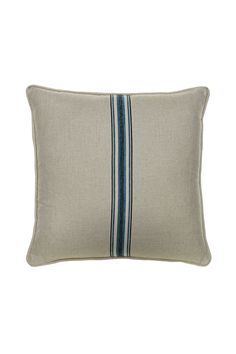 a gray pillow with blue stripes on it