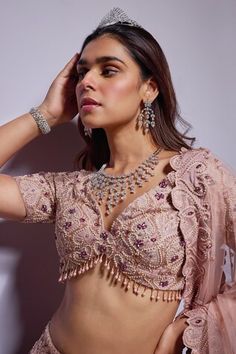 Blush lehenga with paisley pattern heavy embellishments. Comes with matching blouse and cutwork embroidered border dupatta. - Aza Fashions Semi-stitched V-neck Set For Reception, Lehenga Blouse, Indian Fashion Designers, Pernia Pop Up Shop, Bridal Set, Bridal Lehenga, Cut Work, Pink Blouse, Paisley Pattern