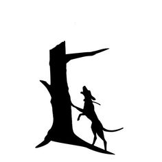 a black and white silhouette of a dog climbing up a tree trunk with its paw in the air