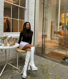 White Gogo Boots Outfit, White Platform Boots Outfit, Go Go Boots Outfit, White Knee High Boots Outfit, Gogo Boots Outfit, White High Boots, White Thigh High Boots, White Gogo Boots, Platform Boots Outfit