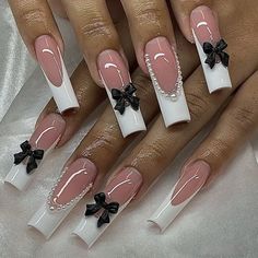 24Pcs Coffin Handmade Press On Nails Full Cover Bowknot Heart French Ballerina Fake Nails Wearable Fake Nail Tips, Square Press On Nails, China Nails, Nagel Tips, Casual Nails, Long Acrylic, Fake Nail, Nail Length, Nail Art Hacks