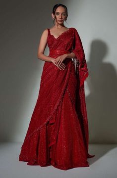 Red Georgette Lehenga For Evening, Traditional Drape Lehenga For Gala, Red Embellished Dupatta, Red Embellished Fitted Dupatta, Festive Embellished Pre-draped Saree For Gala, Fitted Red Embellished Dupatta, Festive Evening Dress With Zari Work For Wedding, Red Gown With Traditional Drape, Traditional Evening Dress For Gala Festivities